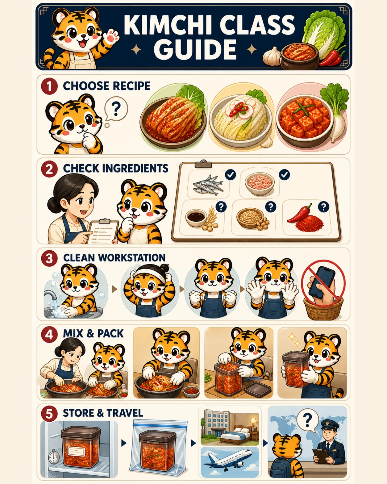 Korea Era tiger mascot chooses a kimchi recipe, checks seafood and allergens, cleans the workstation, packs the container and checks cold storage and travel rules