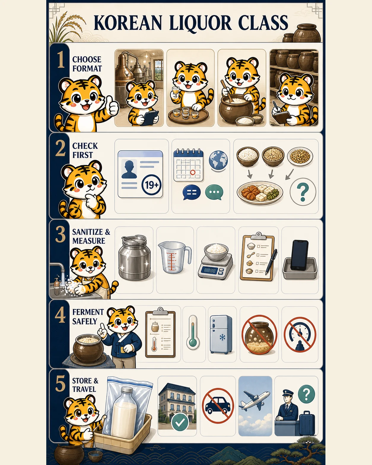Korea Era tiger mascot chooses an adult traditional-liquor class, checks ID and ingredients, sanitizes and measures, manages fermentation pressure and checks transport rules