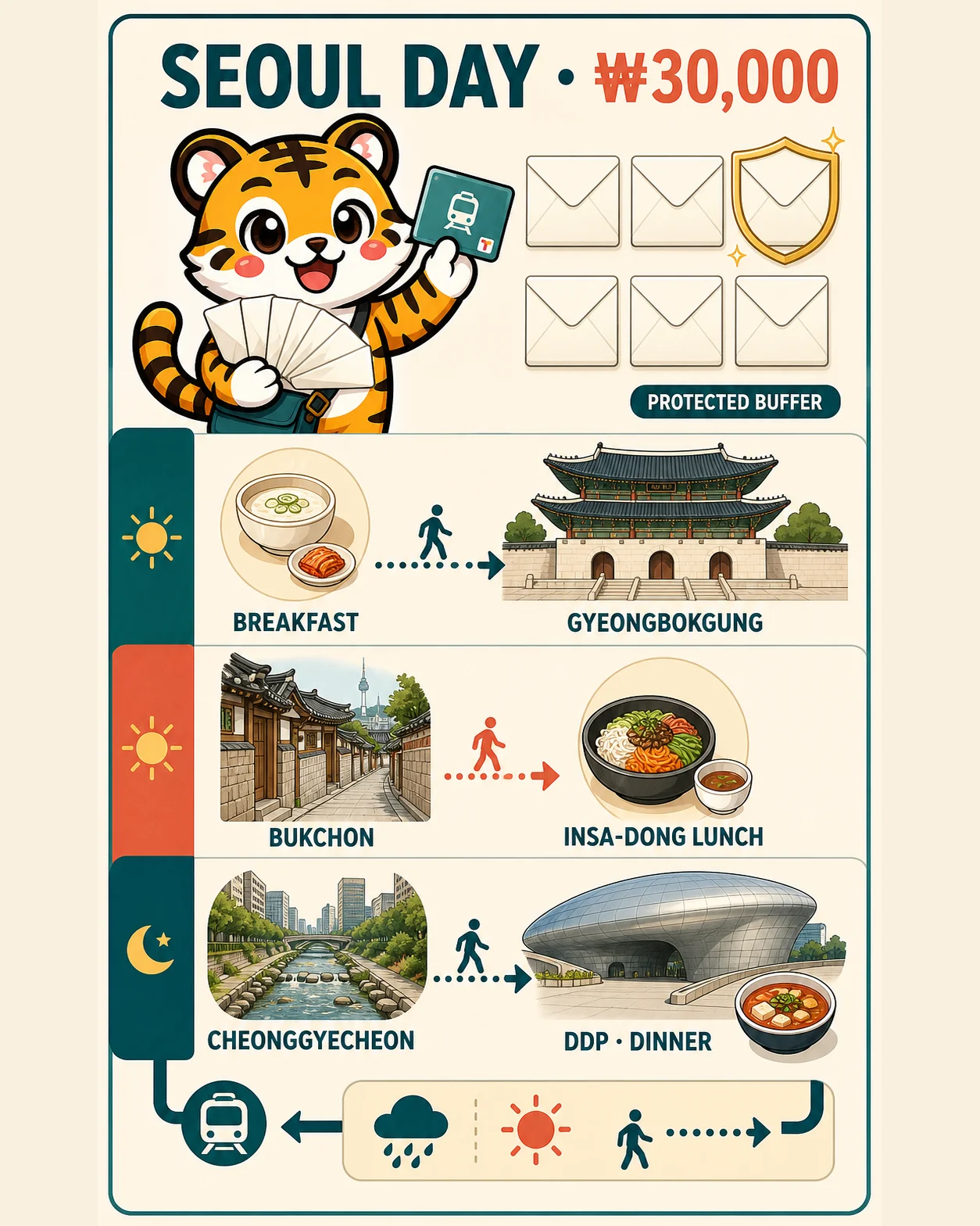 Korea Era tiger mascot follows a six-stop eastbound Seoul route under a 30,000-won ceiling while protecting the buffer and return transit