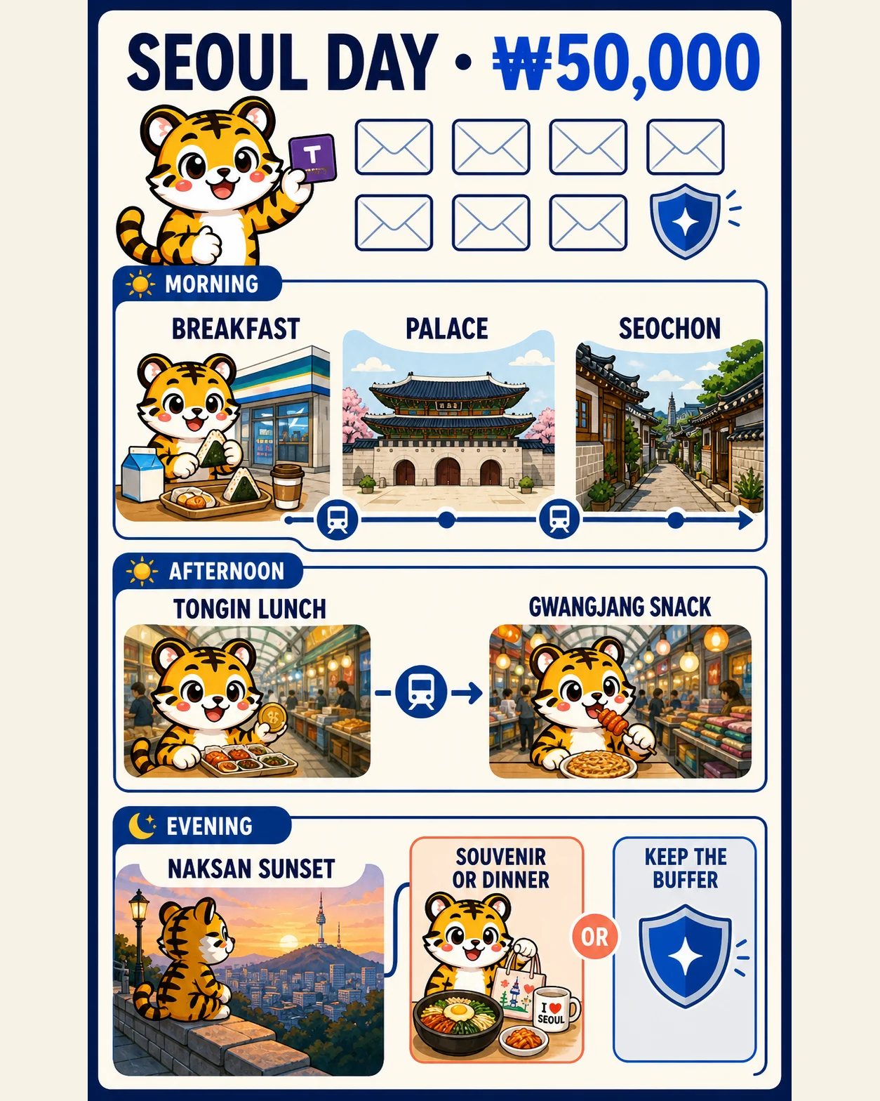Korea Era tiger mascot follows breakfast, Gyeongbokgung, Seochon, two market stops and Naksan sunset while choosing souvenir or dinner and protecting the ride-home buffer
