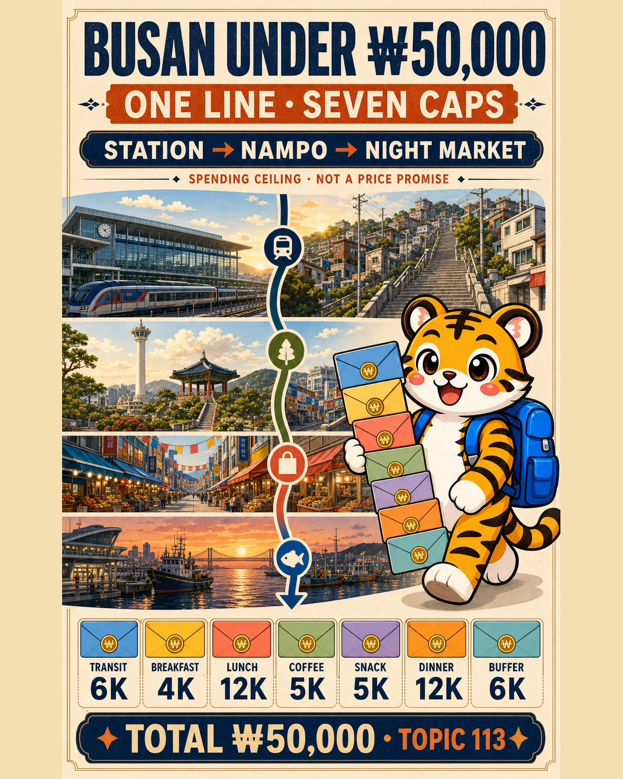 Korea Era tiger mascot holding seven budget envelopes along a Busan Station, Nampo, Jagalchi and night-market day