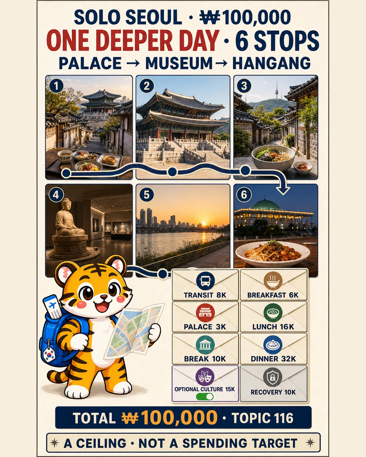 Korea Era tiger following a six-stop solo Seoul day from palace and museum to Hangang beside eight envelopes totaling one hundred thousand won