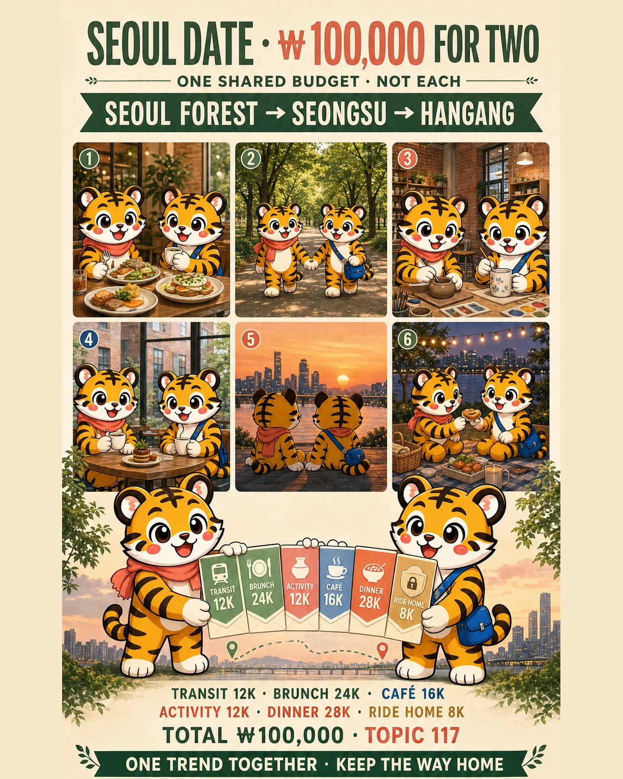 Two Korea Era tiger travelers sharing one six-envelope Seoul Forest, Seongsu and Hangang date budget totaling one hundred thousand won