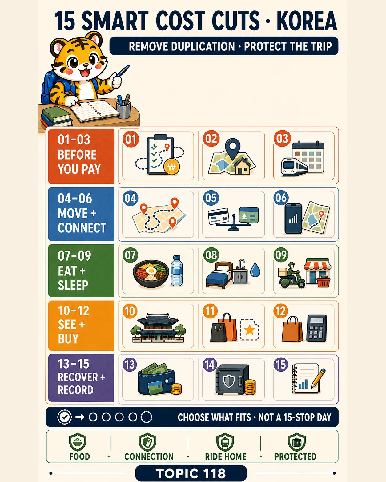 Korea Era tiger editing a five-row checklist of fifteen Korea travel cost decisions while protecting food, connection and the ride home