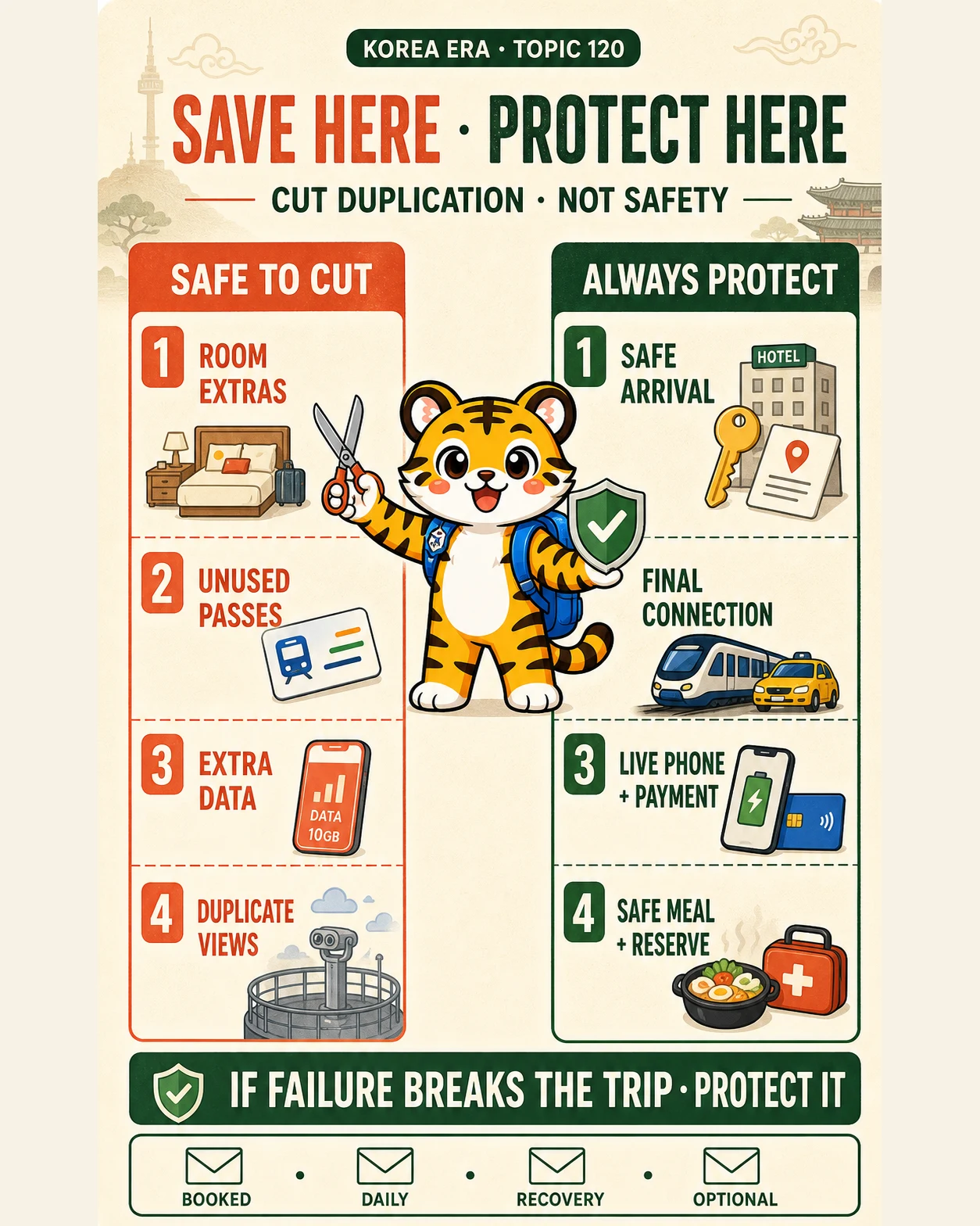 Korea Era tiger compares four optional travel costs to cut with four safety, connection, payment and recovery essentials to protect