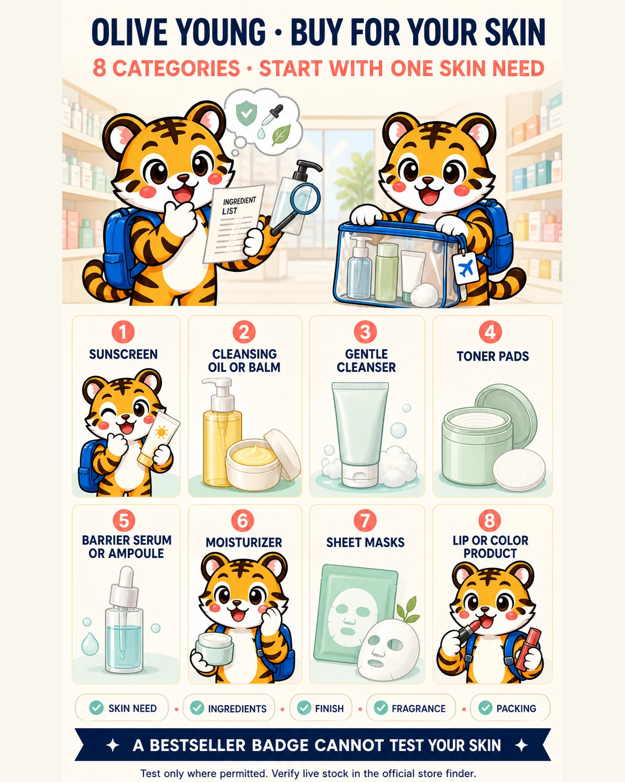 Korea Era tiger mascot compares eight unbranded K-beauty categories by skin need, ingredients, finish, fragrance and packing