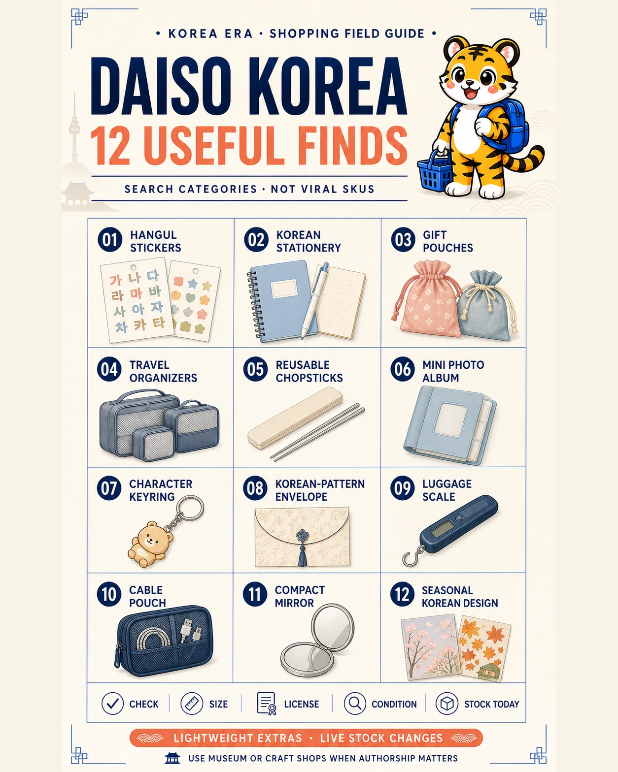 Korea Era tiger mascot presents 12 lightweight Daiso Korea souvenir and travel categories with checks for size, licensing, condition and live stock