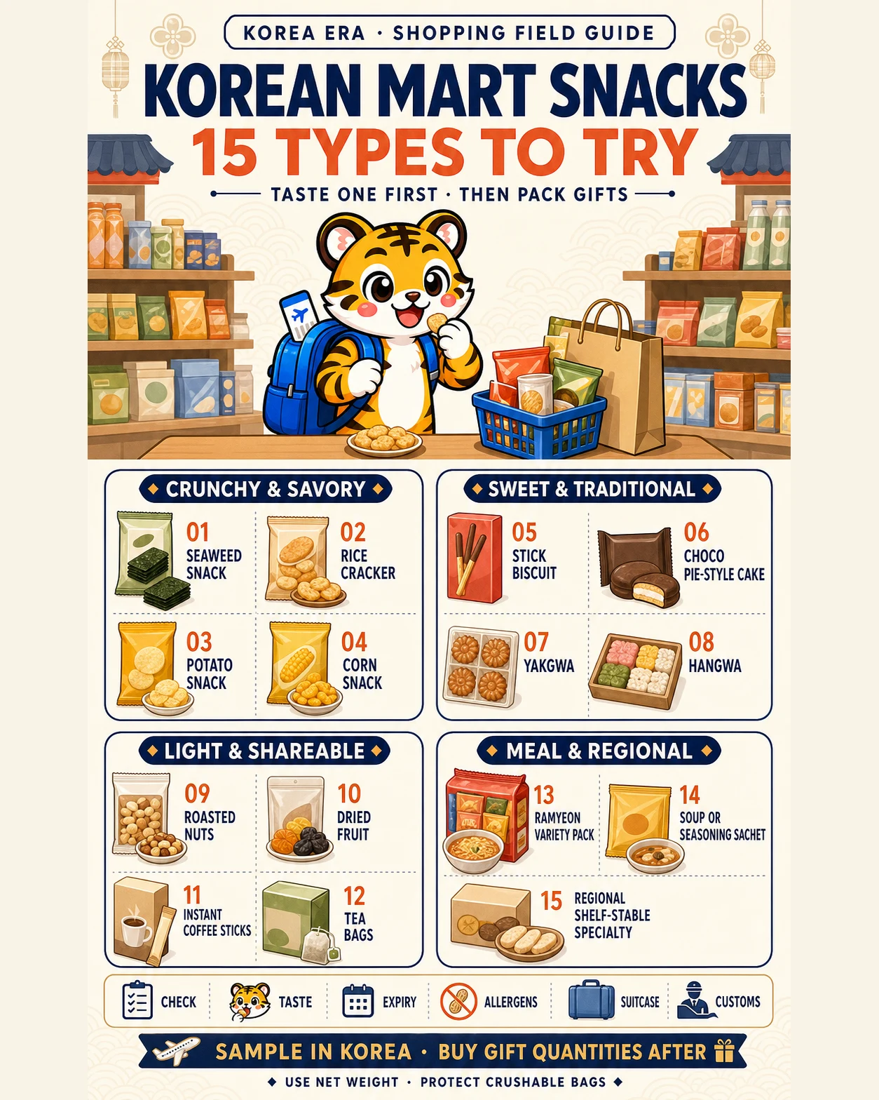 Korea Era tiger mascot samples and packs 15 Korean supermarket snack types grouped by flavor and travel risk, with checks for expiry, allergens, suitcase strength and customs