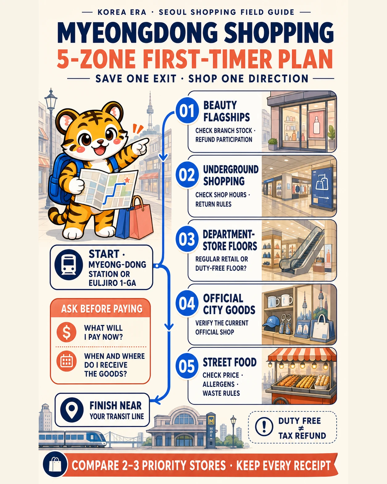 Korea Era tiger mascot follows a five-zone Myeongdong shopping plan from a saved station exit through beauty, underground shopping, department-store floors, official city goods and street food