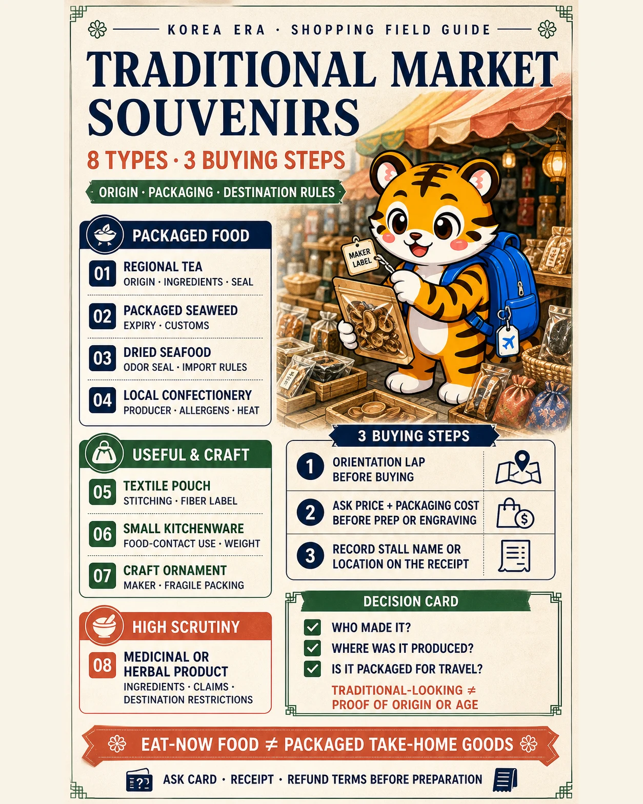 Korea Era tiger mascot checks maker, origin and travel packaging across eight traditional-market souvenir types and three buying steps