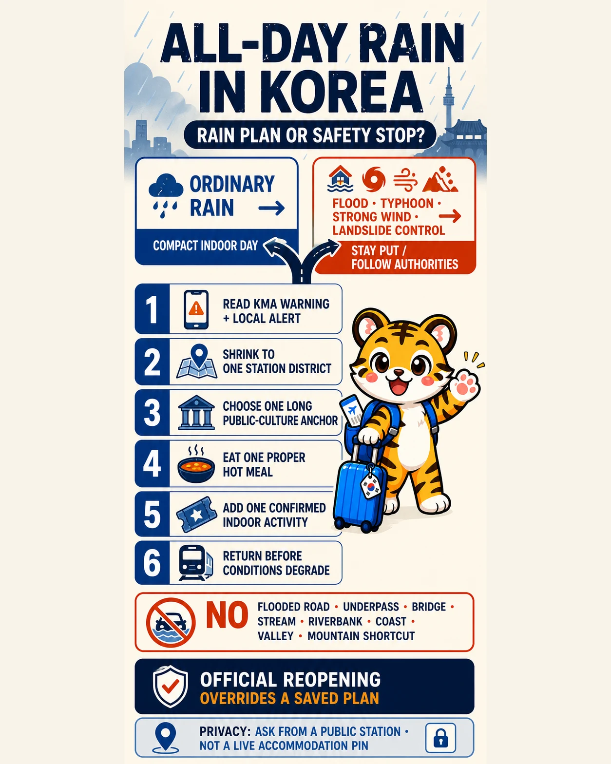 Korea Era tiger separates ordinary rain from severe-weather controls before choosing a compact indoor Korea route