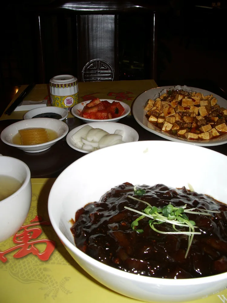 A bowl of jjajangmyeon photographed at a restaurant in Incheon Chinatown