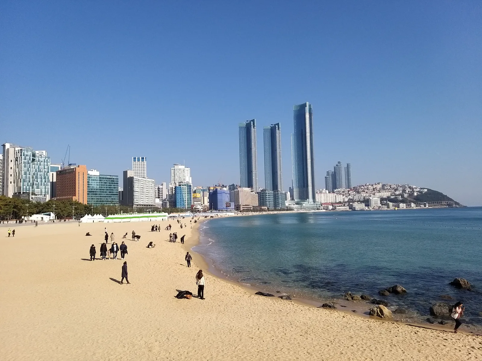 Haeundae Beach with the three LCT towers, including BUSAN X the SKY in the tallest tower, seen from the western shore