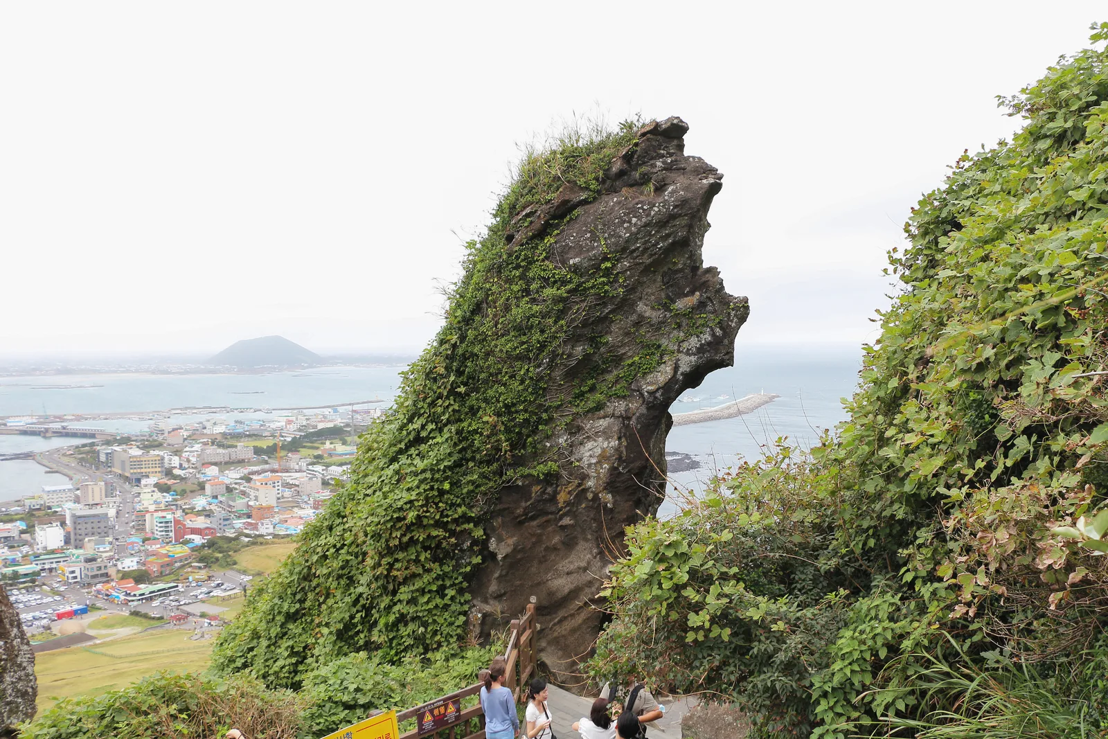 The steep green volcanic crest of Seongsan Ilchulbong above the Jeju coast and nearby village